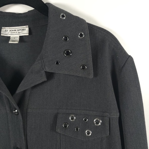 ST. JOHN SPORT MARIE GRAY Stretch Light Blazer Coat Silver Grommet Studs MEDIUM - Picture 8 of 13